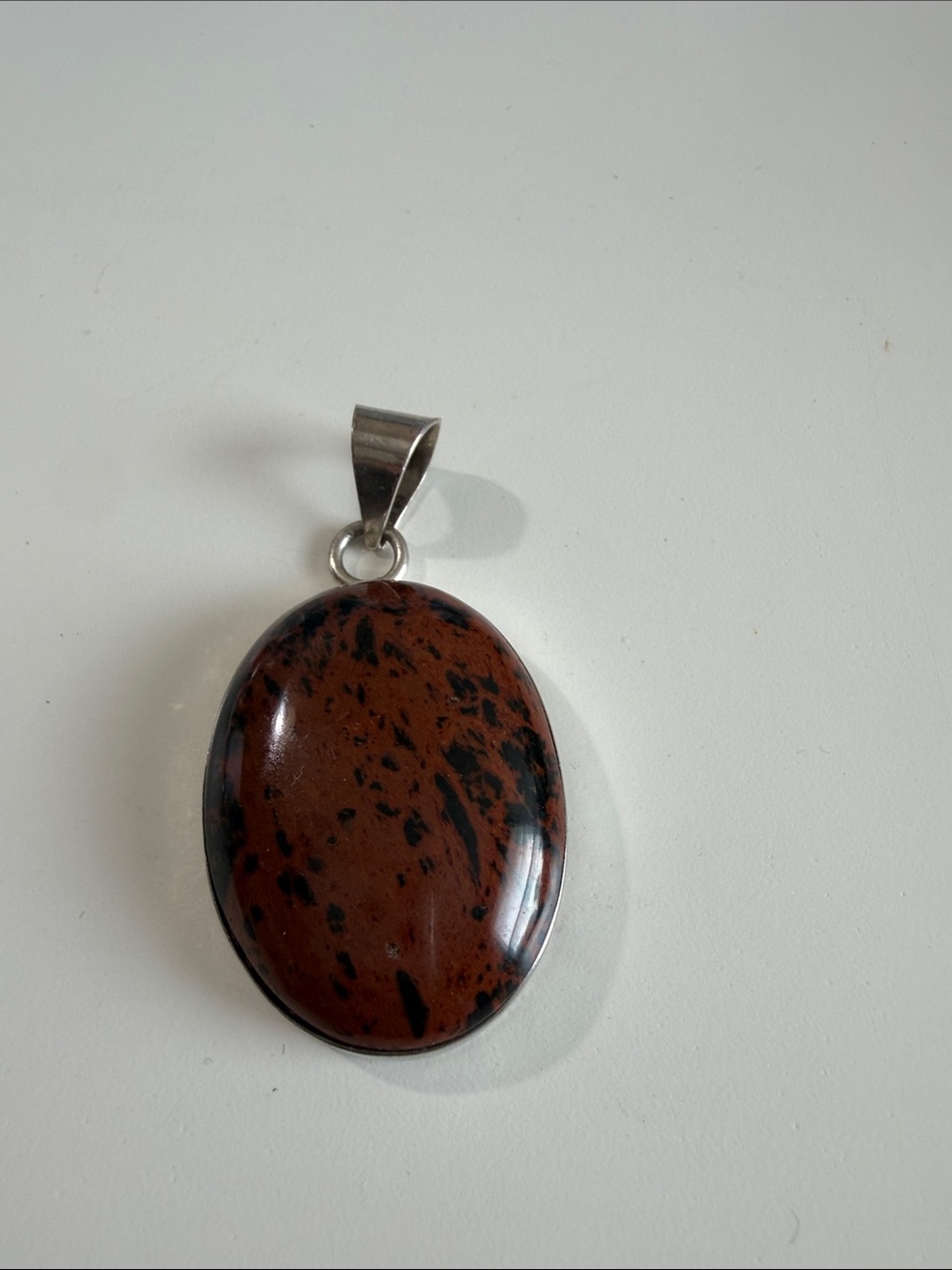 Oval Mahogany Obsidian Pendant Necklace - Brown Stone Silver Bail